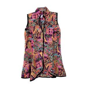 Vintage Art to Wear Sleeveless Tunic Blouse L Abstract Faces Graffiti Resort